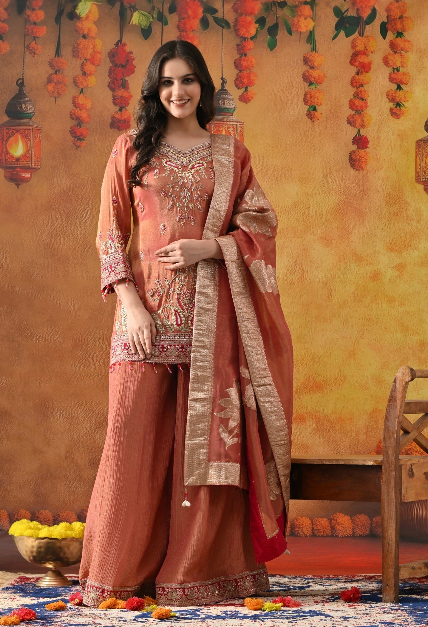 Peach Sharara Set with Zardozi, Pearl, Thread & Sequin Work.