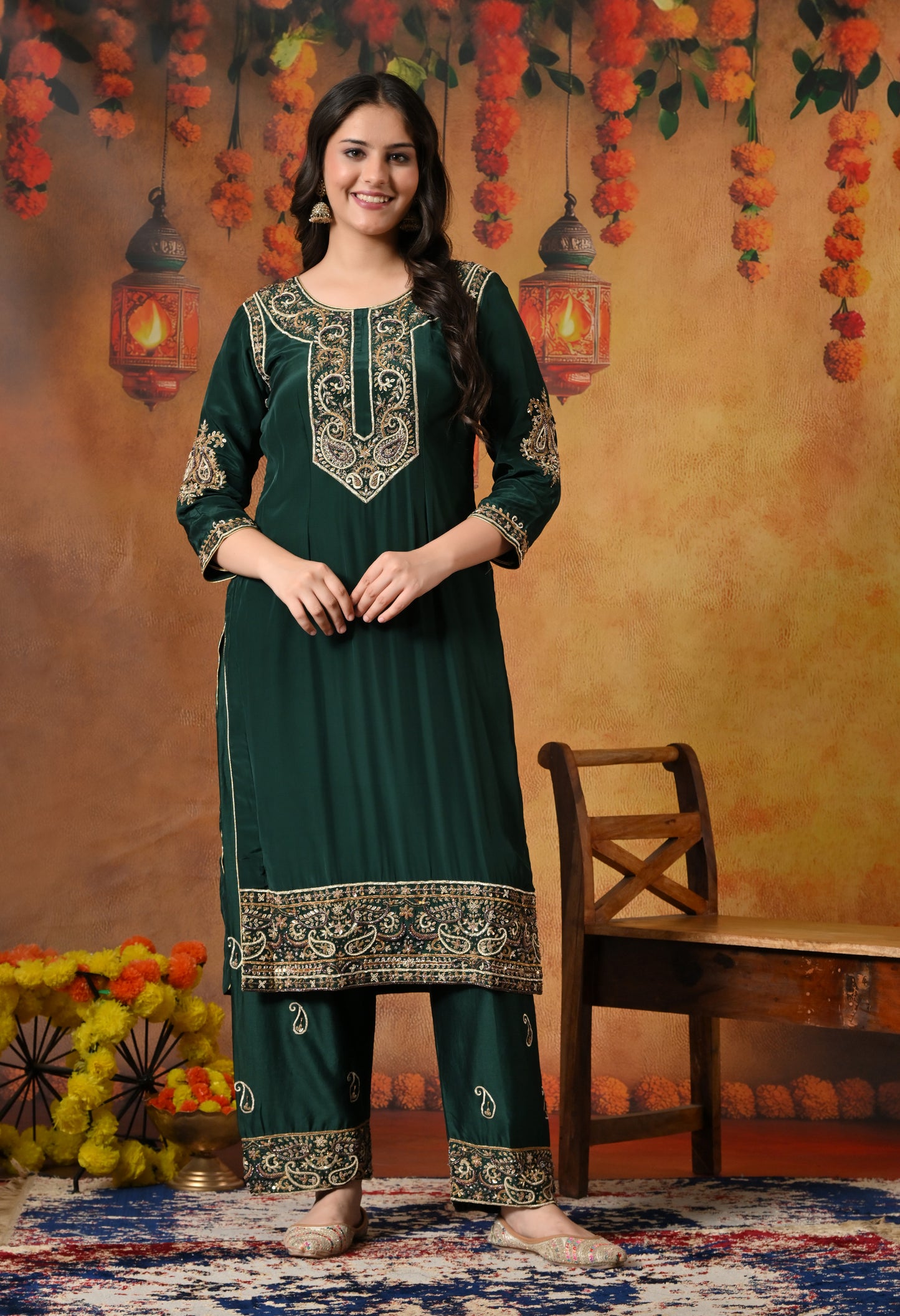 Mesmerising Bottle Green Kurta Set with Intricate Zardozi Work