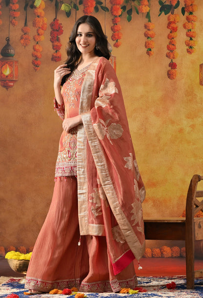 Peach Sharara Set with Zardozi, Pearl, Thread & Sequin Work.