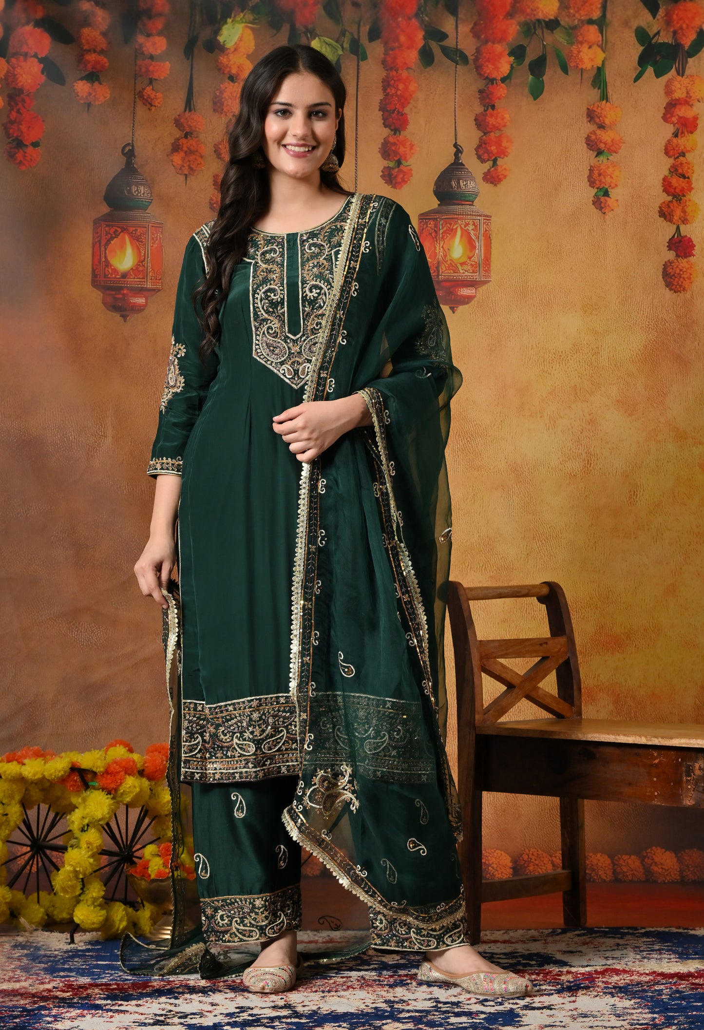 Mesmerising Bottle Green Kurta Set with Intricate Zardozi Work