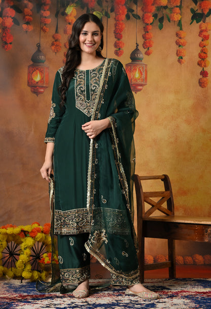Mesmerising Bottle Green Kurta Set with Intricate Zardozi Work