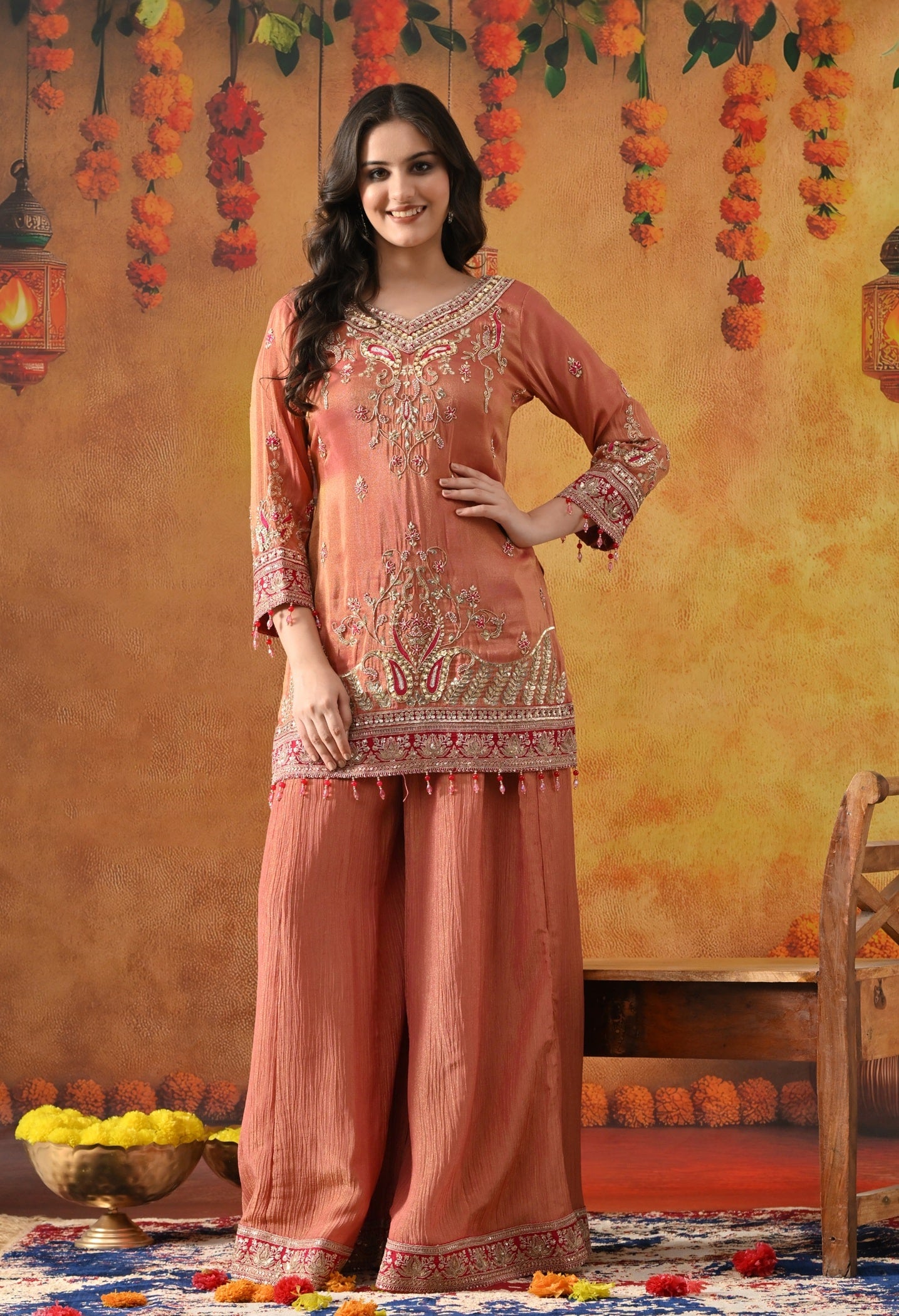 Peach Sharara Set with Zardozi, Pearl, Thread & Sequin Work.