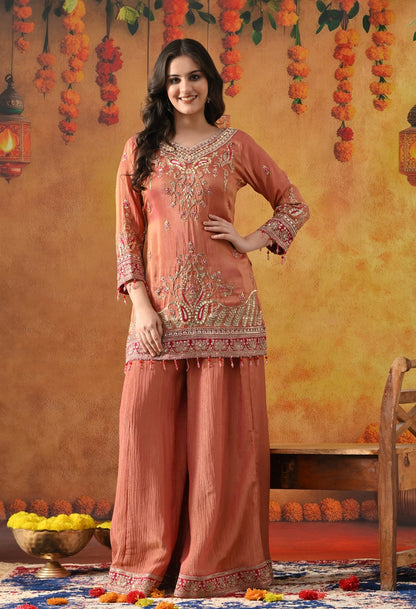 Peach Sharara Set with Zardozi, Pearl, Thread & Sequin Work.