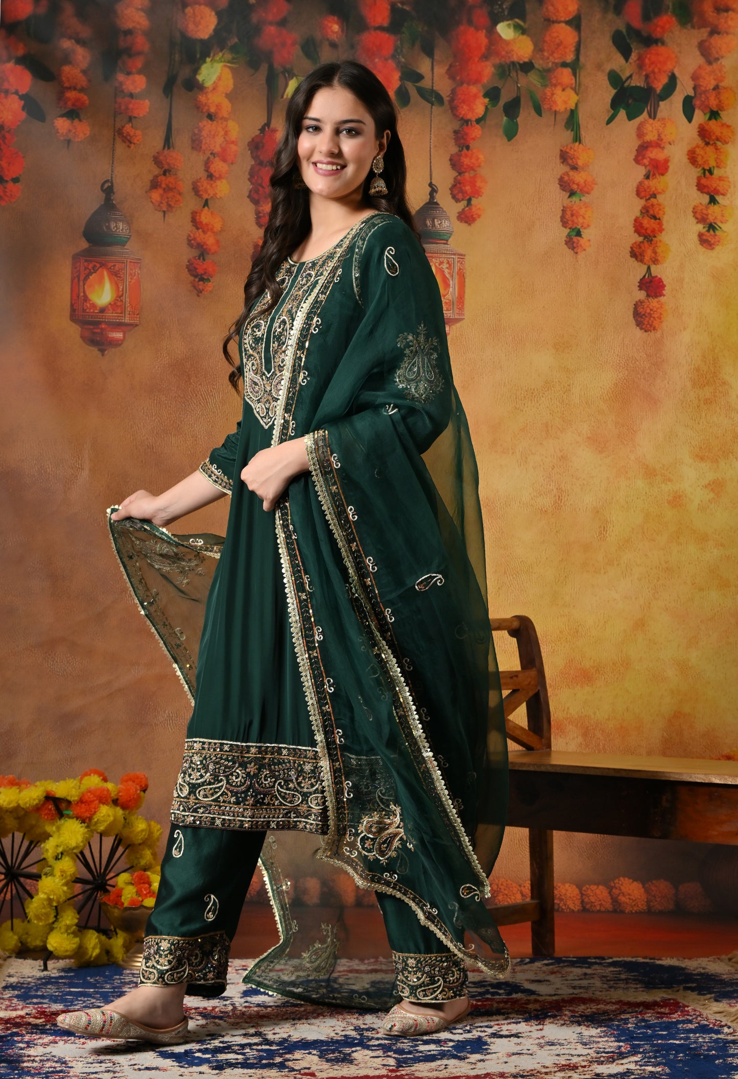 Mesmerising Bottle Green Kurta Set with Intricate Zardozi Work