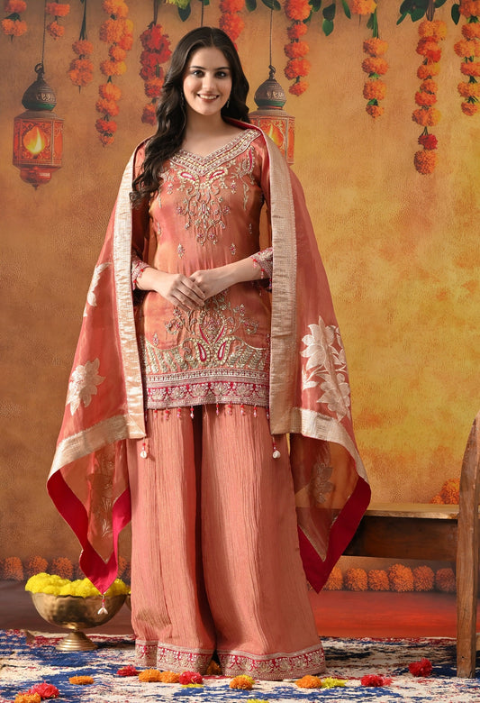 Peach Sharara Set with Zardozi, Pearl, Thread & Sequin Work.