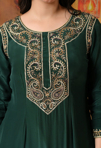 Mesmerising Bottle Green Kurta Set with Intricate Zardozi Work
