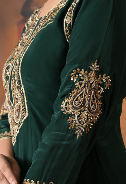 Mesmerising Bottle Green Kurta Set with Intricate Zardozi Work