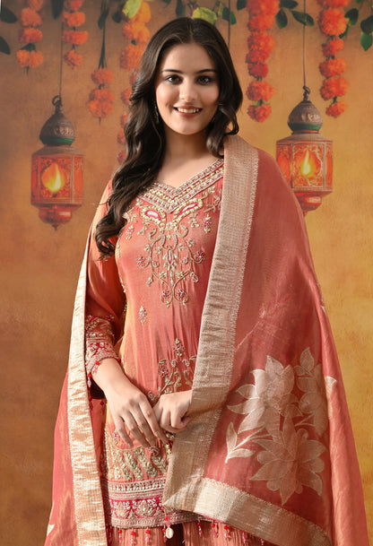 Peach Sharara Set with Zardozi, Pearl, Thread & Sequin Work.
