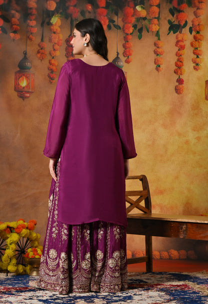 Purple Gharara Set with Zardozi, Pearl, Cutdana, and Sequin Embroidery.