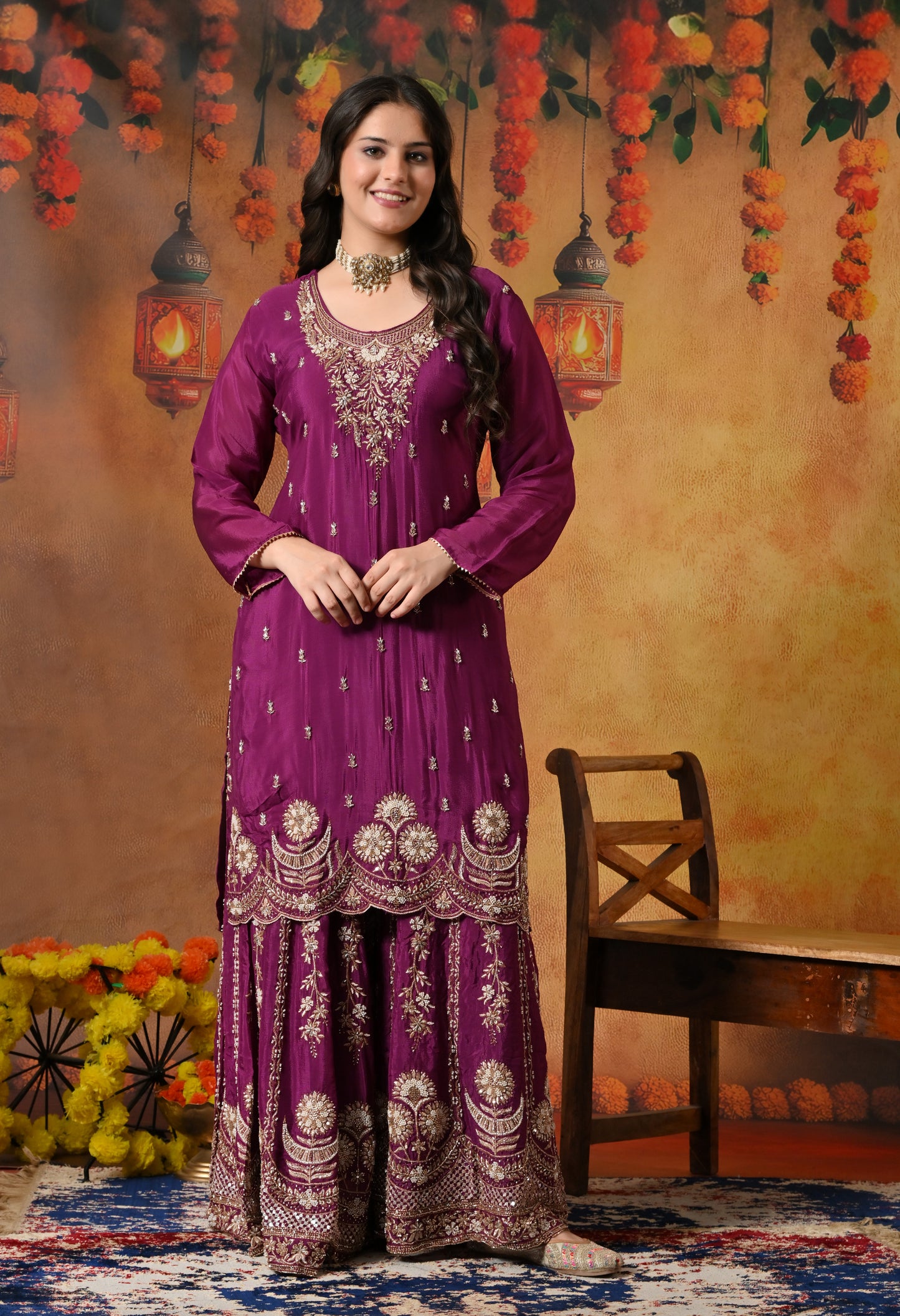 Purple Gharara Set with Zardozi, Pearl, Cutdana, and Sequin Embroidery.