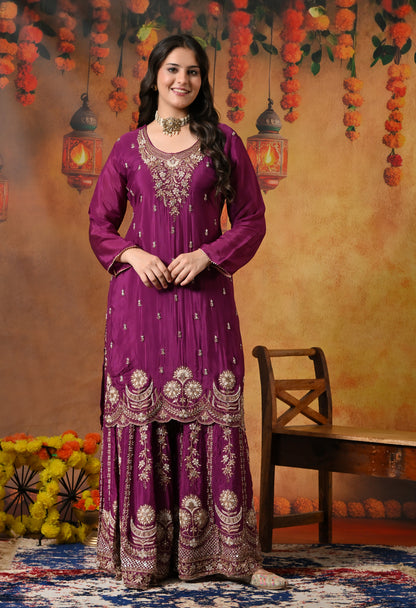 Purple Gharara Set with Zardozi, Pearl, Cutdana, and Sequin Embroidery.