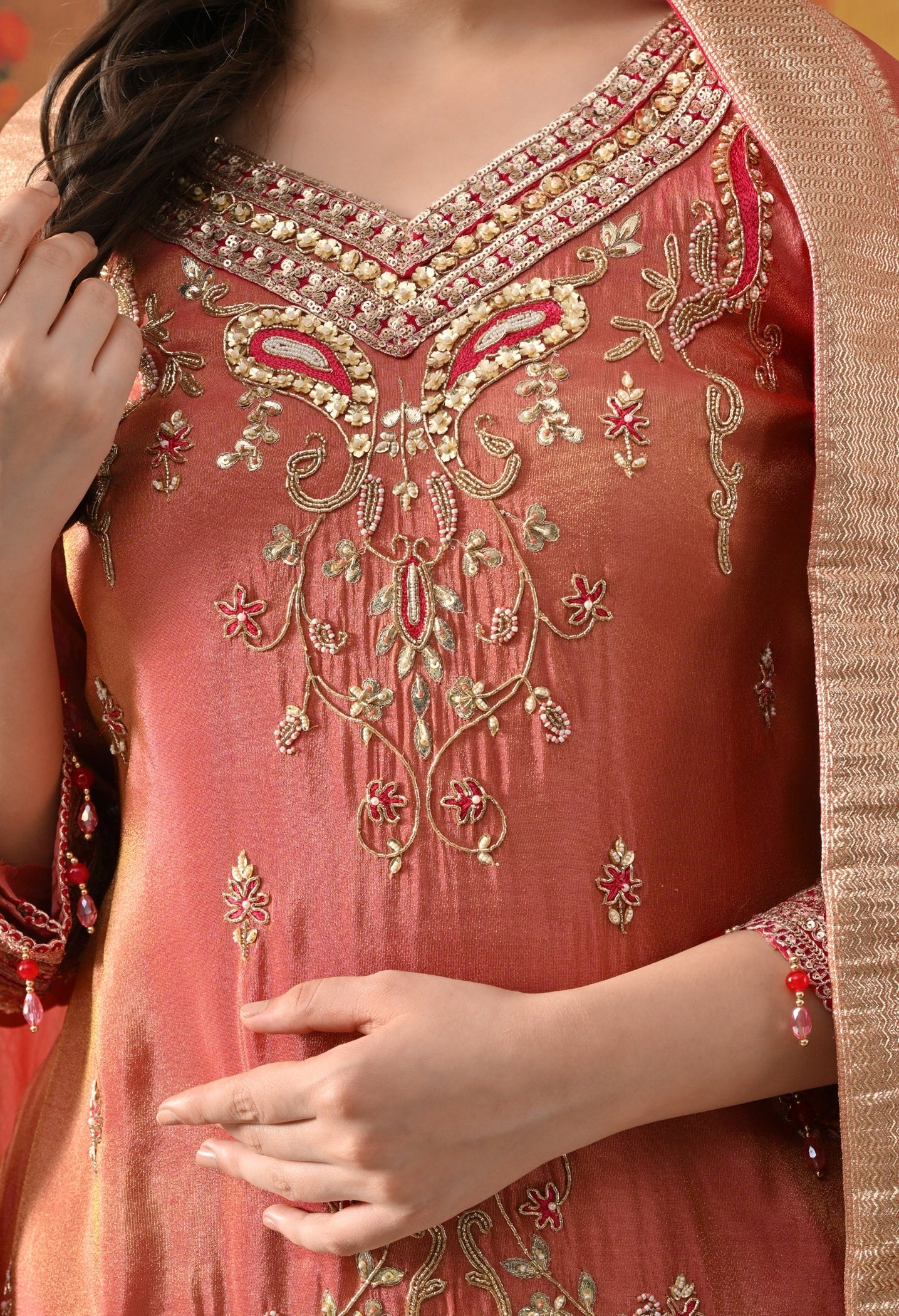 Peach Sharara Set with Zardozi, Pearl, Thread & Sequin Work.