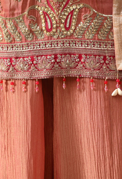 Peach Sharara Set with Zardozi, Pearl, Thread & Sequin Work.