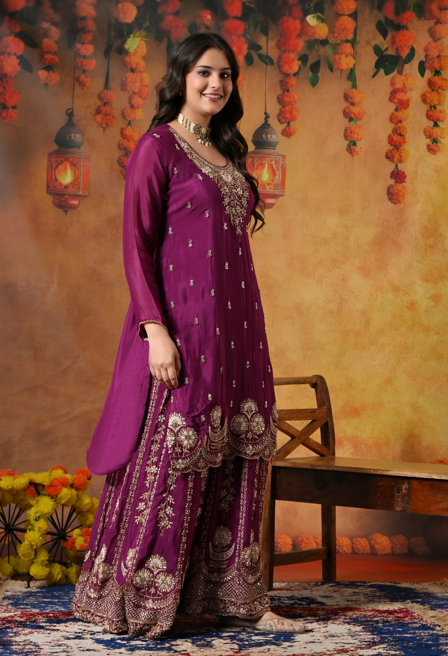Purple Gharara Set with Zardozi, Pearl, Cutdana, and Sequin Embroidery.