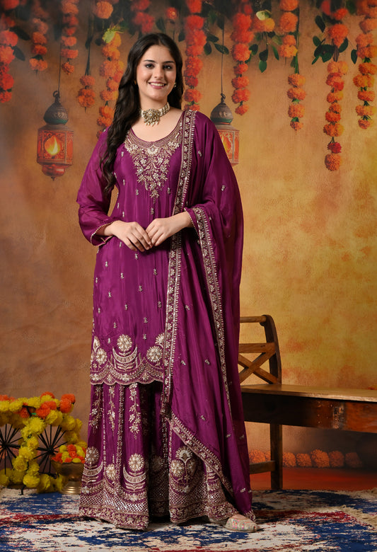 Purple Gharara Set with Zardozi, Pearl, Cutdana, and Sequin Embroidery.