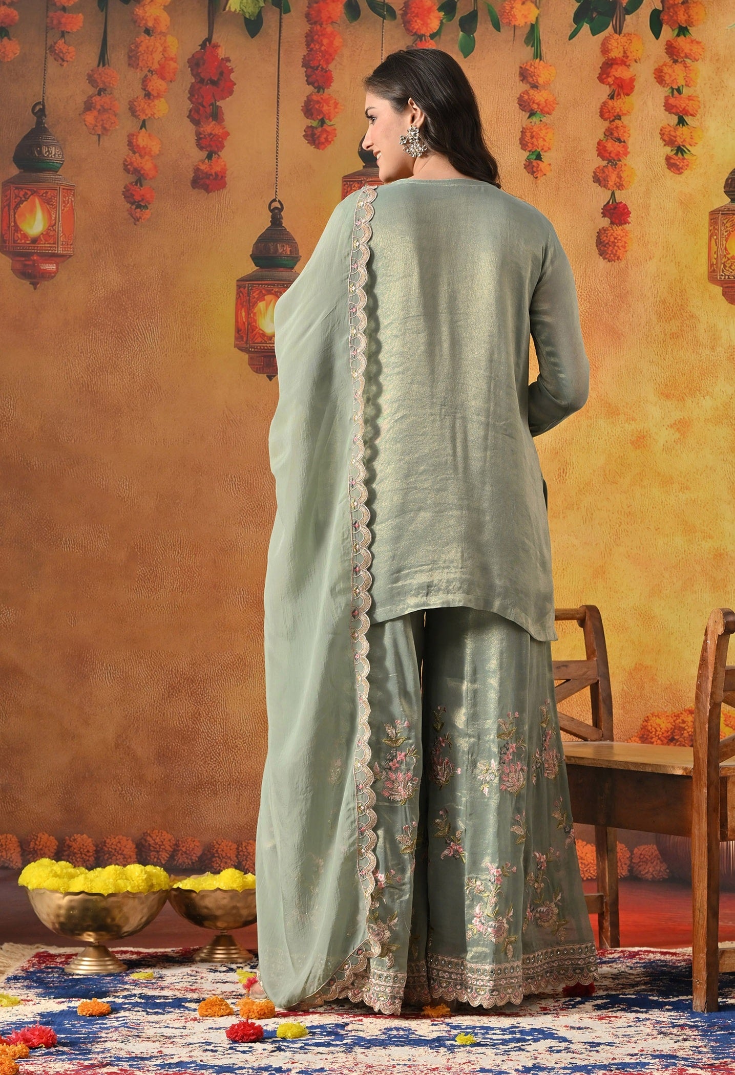 Green Sharara Set with Thread, Zardozi, Pearl, Sequin & Mirror Work.