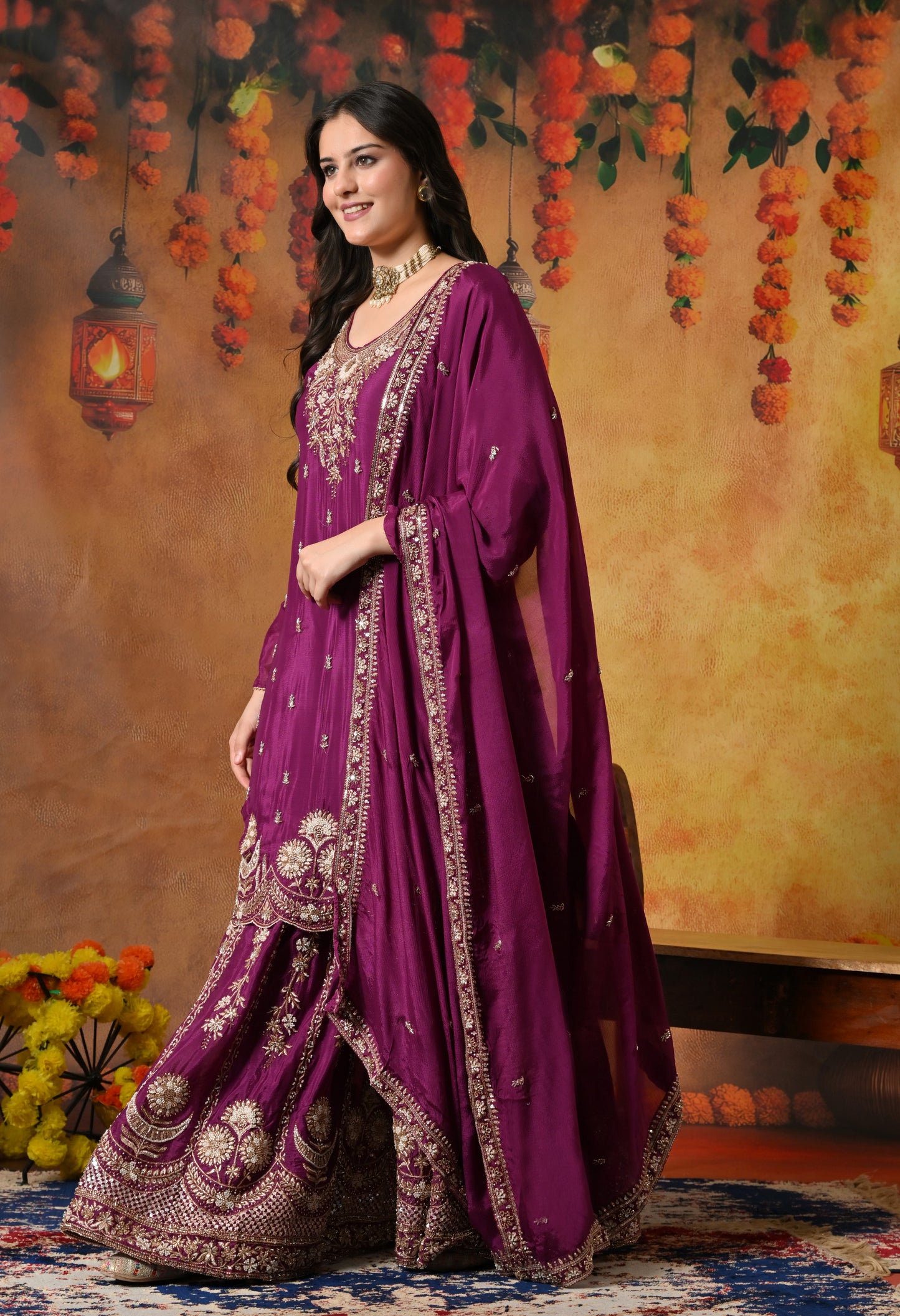 Purple Gharara Set with Zardozi, Pearl, Cutdana, and Sequin Embroidery.
