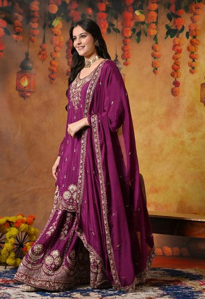 Purple Gharara Set with Zardozi, Pearl, Cutdana, and Sequin Embroidery.