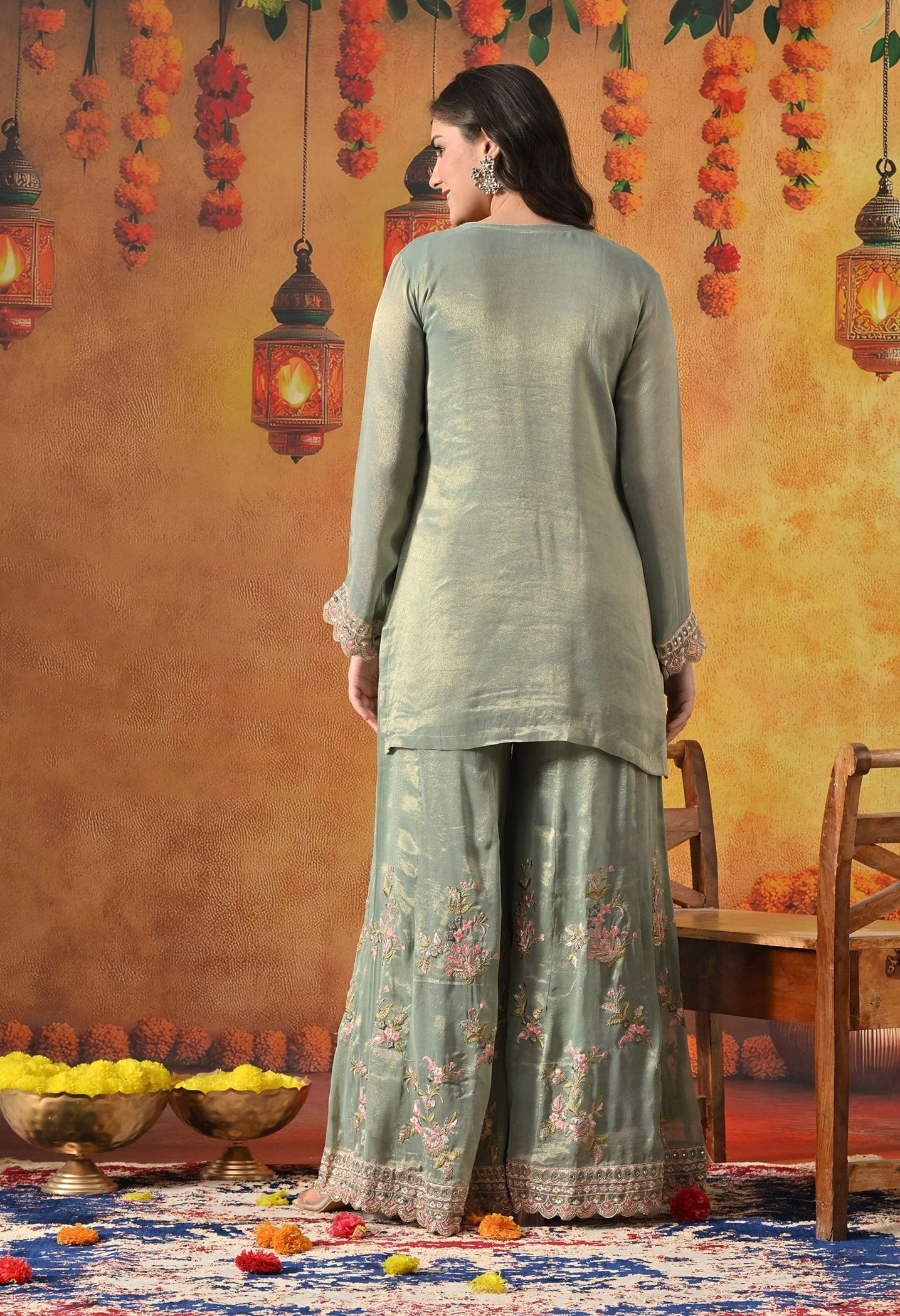 Green Sharara Set with Thread, Zardozi, Pearl, Sequin & Mirror Work.