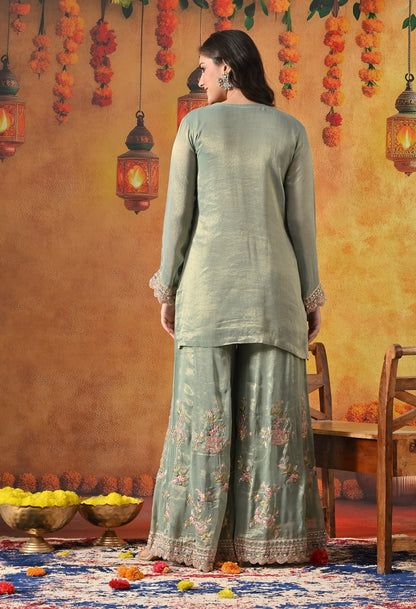 Green Sharara Set with Thread, Zardozi, Pearl, Sequin & Mirror Work.