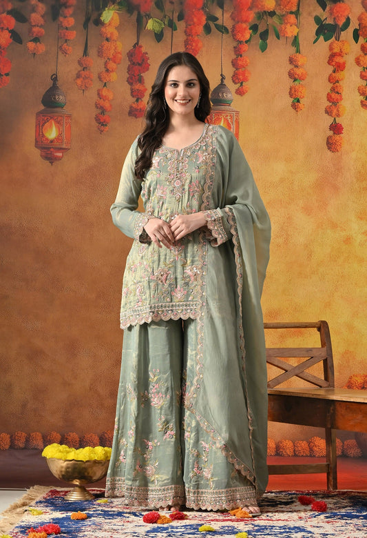 Green Sharara Set with Thread, Zardozi, Pearl, Sequin & Mirror Work.