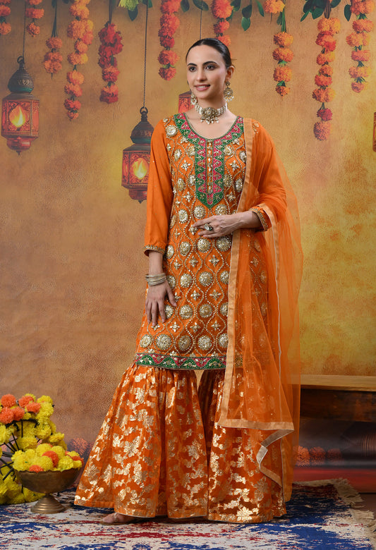 Light Orange Gharara Set with Gotta, Zari, and Crystal Work