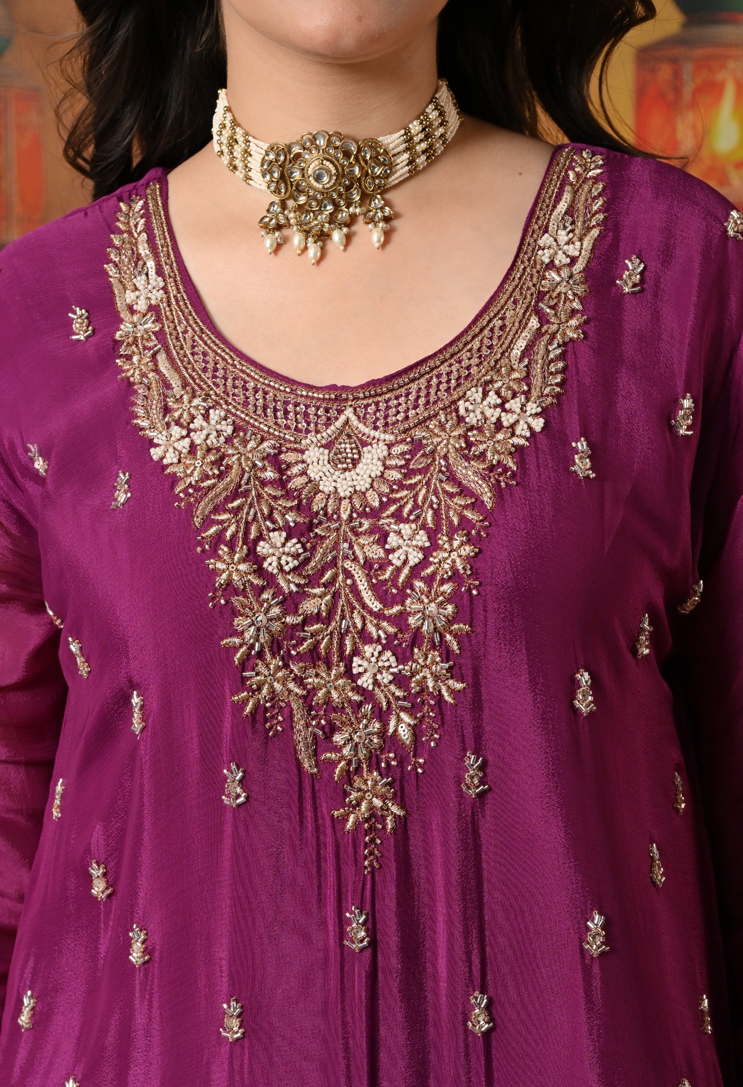 Purple Gharara Set with Zardozi, Pearl, Cutdana, and Sequin Embroidery.
