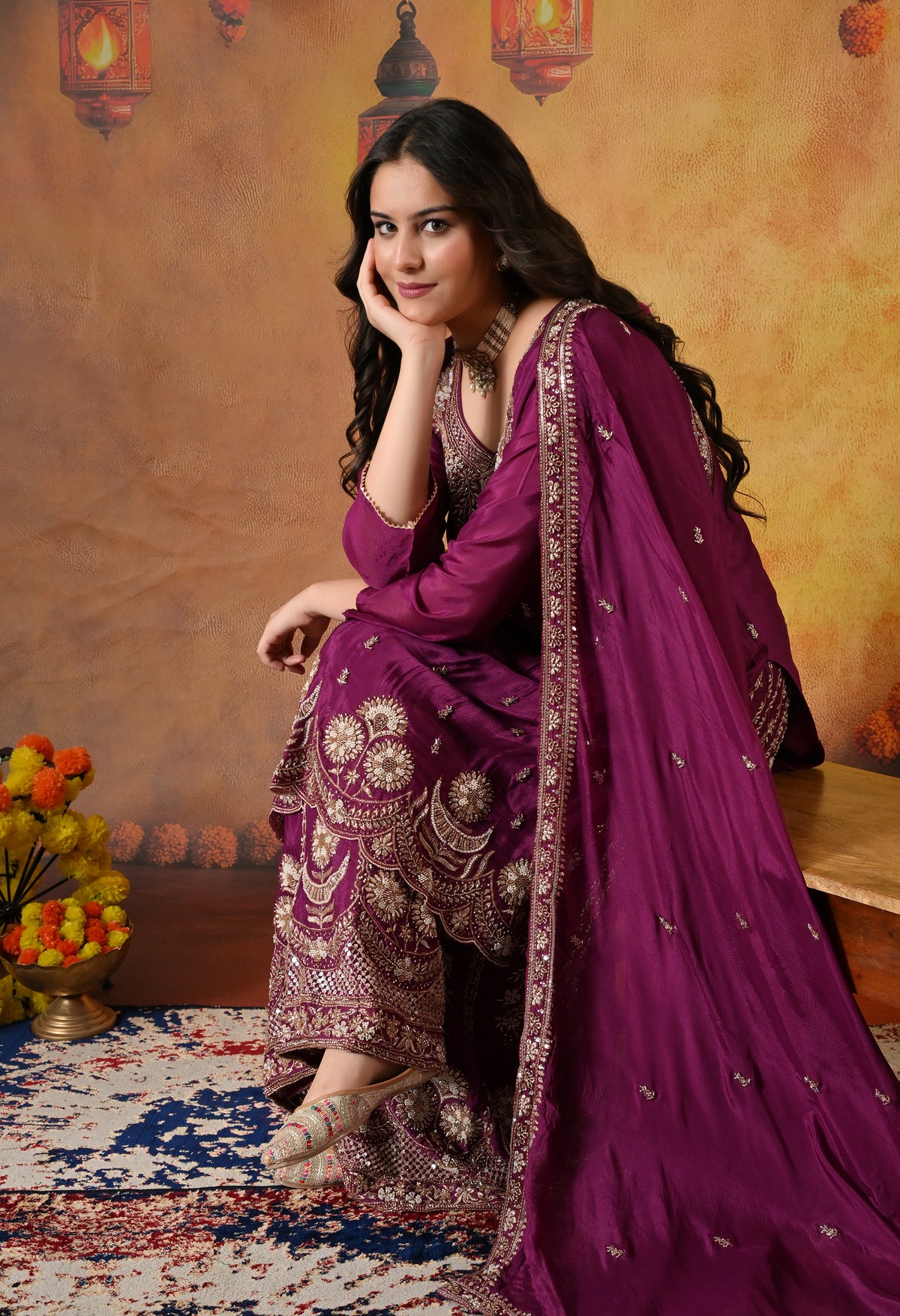 Purple Gharara Set with Zardozi, Pearl, Cutdana, and Sequin Embroidery.