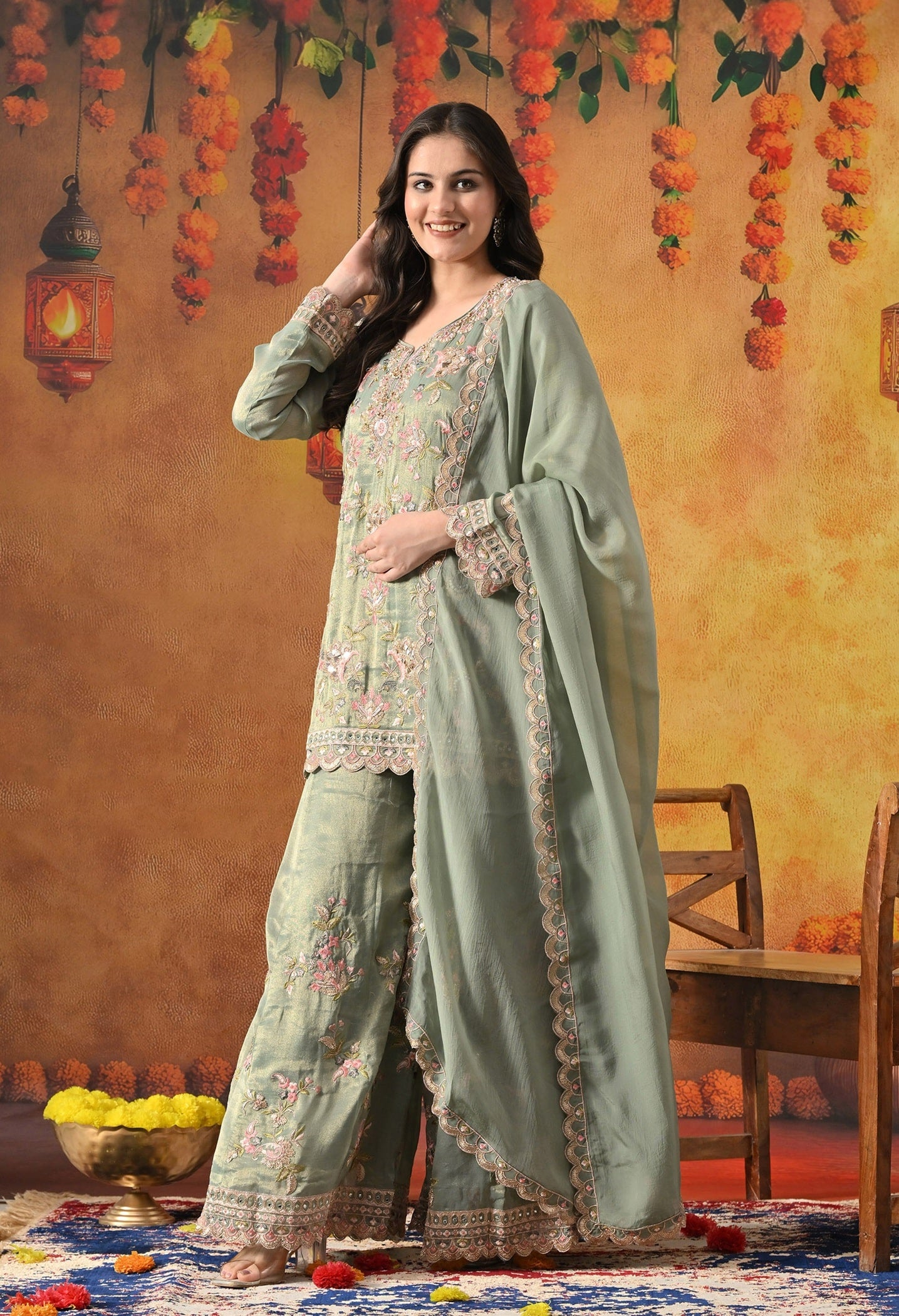 Green Sharara Set with Thread, Zardozi, Pearl, Sequin & Mirror Work.