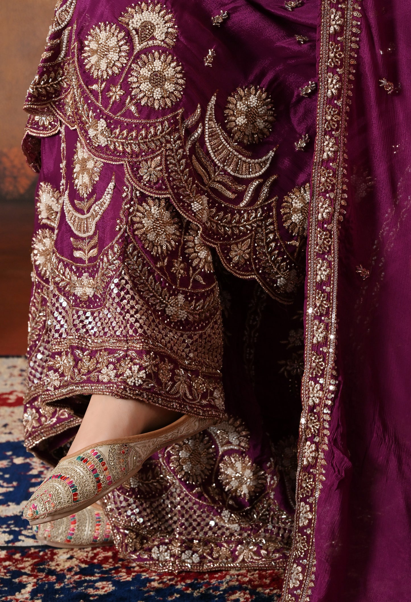 Purple Gharara Set with Zardozi, Pearl, Cutdana, and Sequin Embroidery.