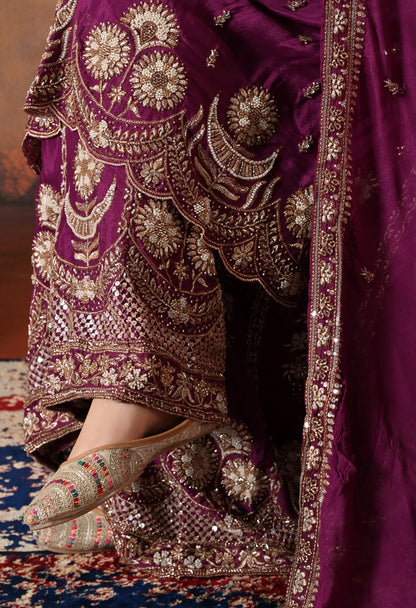 Purple Gharara Set with Zardozi, Pearl, Cutdana, and Sequin Embroidery.