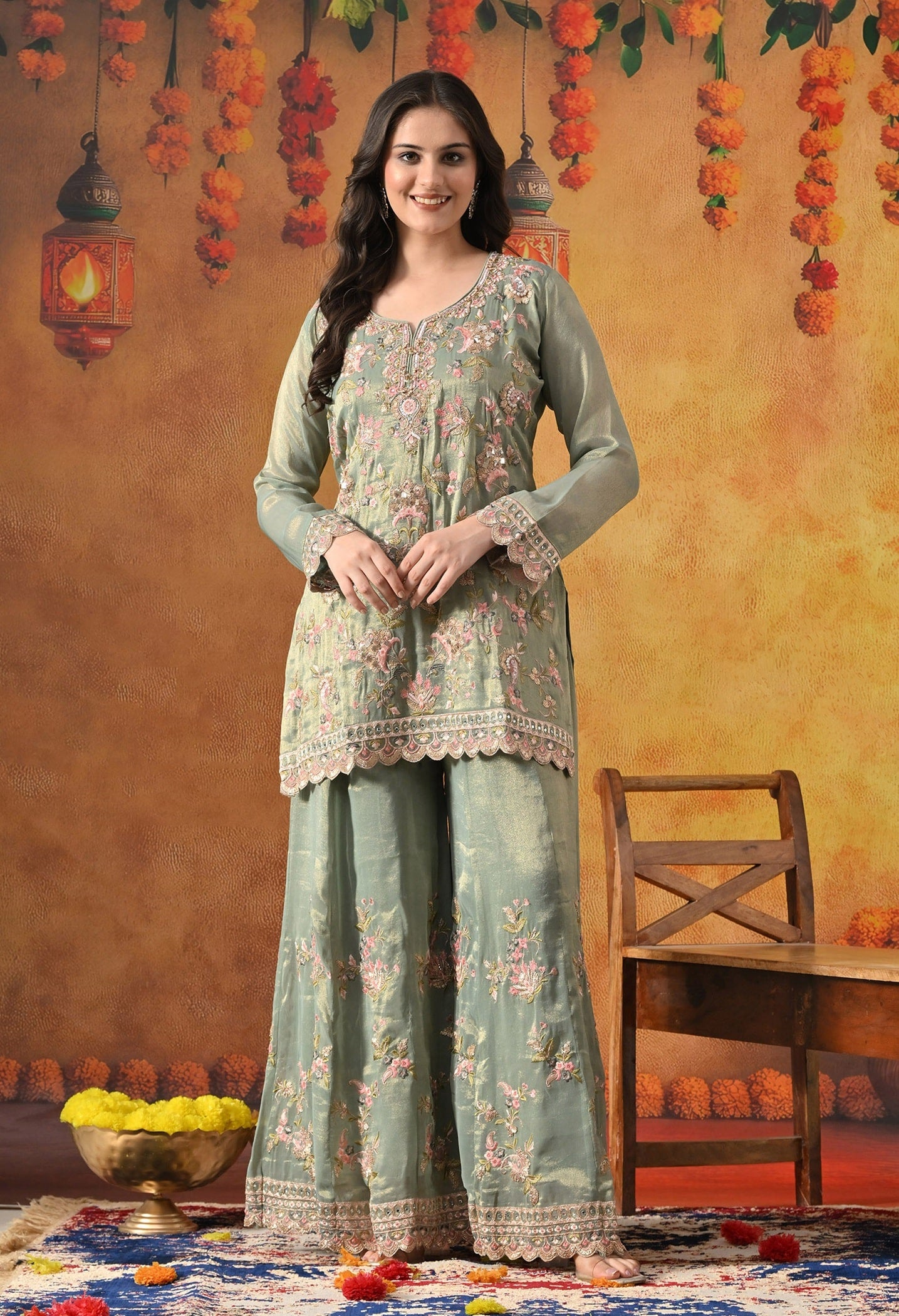 Green Sharara Set with Thread, Zardozi, Pearl, Sequin & Mirror Work.