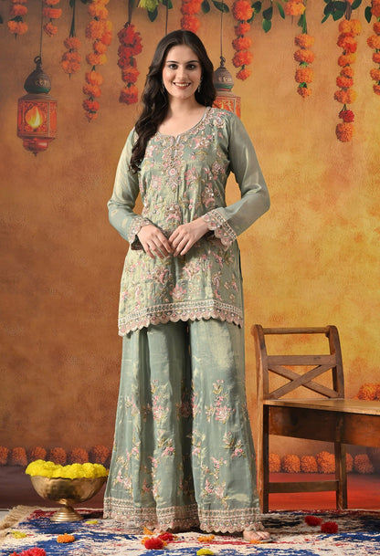 Green Sharara Set with Thread, Zardozi, Pearl, Sequin & Mirror Work.