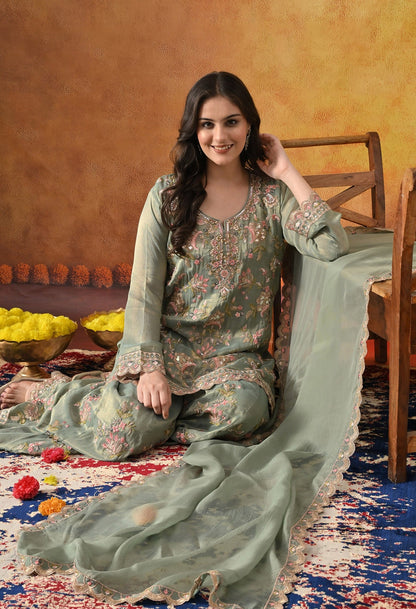 Green Sharara Set with Thread, Zardozi, Pearl, Sequin & Mirror Work.