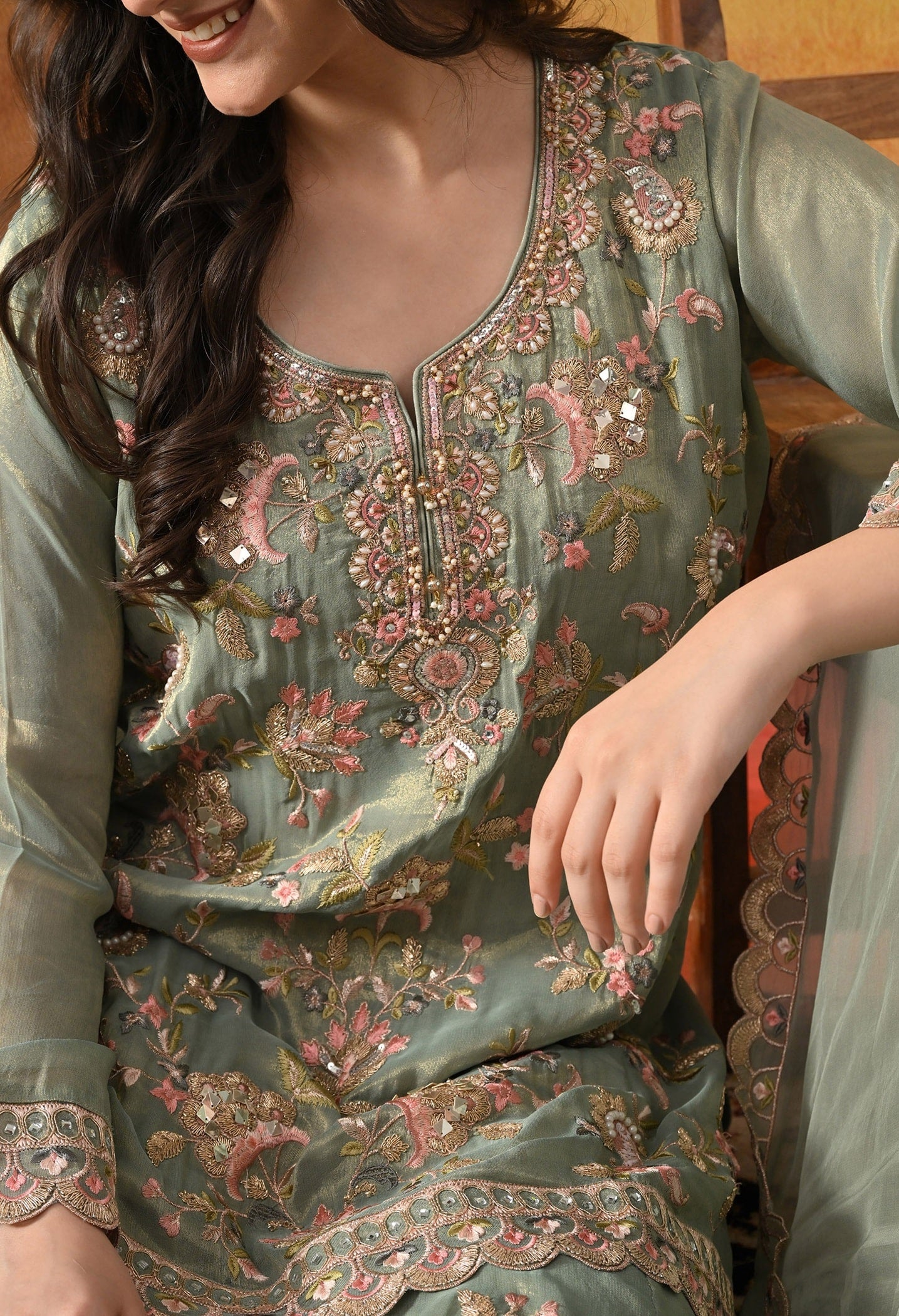 Green Sharara Set with Thread, Zardozi, Pearl, Sequin & Mirror Work.