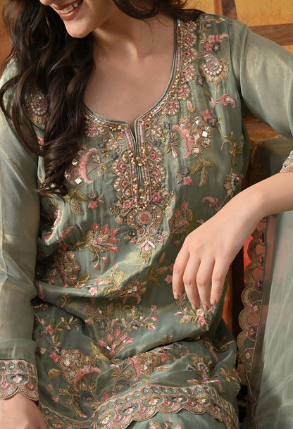 Green Sharara Set with Thread, Zardozi, Pearl, Sequin & Mirror Work.