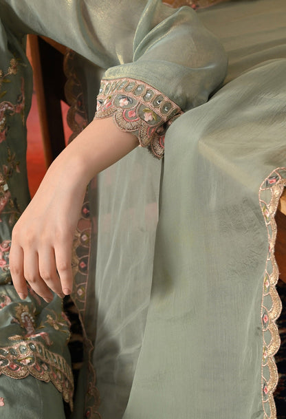 Green Sharara Set with Thread, Zardozi, Pearl, Sequin & Mirror Work.