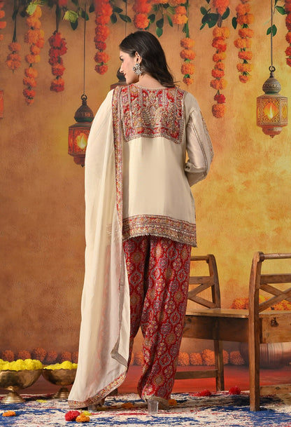 Golden Cream Kurta Set with Zardozi, Pearl, Sequin, Cutdana & Applique Work.
