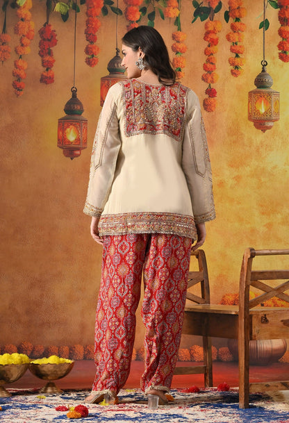 Golden Cream Kurta Set with Zardozi, Pearl, Sequin, Cutdana & Applique Work.