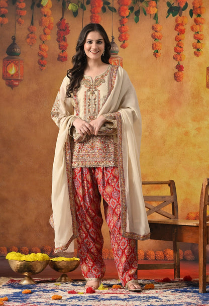 Golden Cream Kurta Set with Zardozi, Pearl, Sequin, Cutdana & Applique Work.