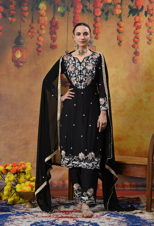 Dark Black Kurta Set with Thread and Zardozi Work