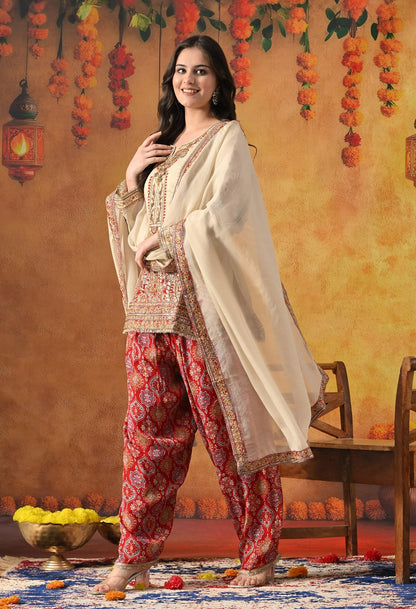 Golden Cream Kurta Set with Zardozi, Pearl, Sequin, Cutdana & Applique Work.