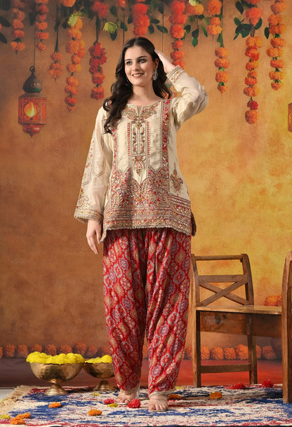 Golden Cream Kurta Set with Zardozi, Pearl, Sequin, Cutdana & Applique Work.