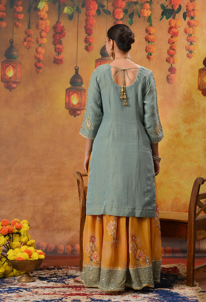 Grey and Yellow Sharara Set with Zardozi, Dabka, Sequence, and Thread Work