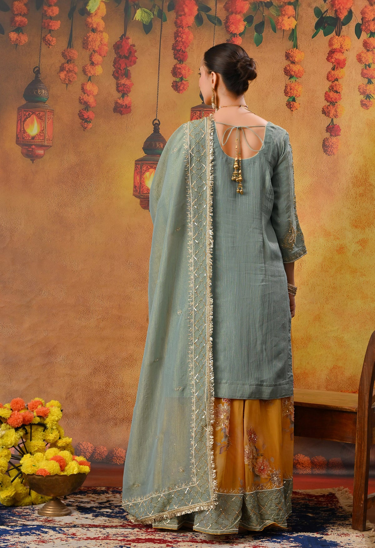 Grey and Yellow Sharara Set with Zardozi, Dabka, Sequence, and Thread Work