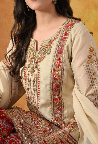 Golden Cream Kurta Set with Zardozi, Pearl, Sequin, Cutdana & Applique Work.