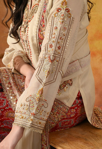 Golden Cream Kurta Set with Zardozi, Pearl, Sequin, Cutdana & Applique Work.