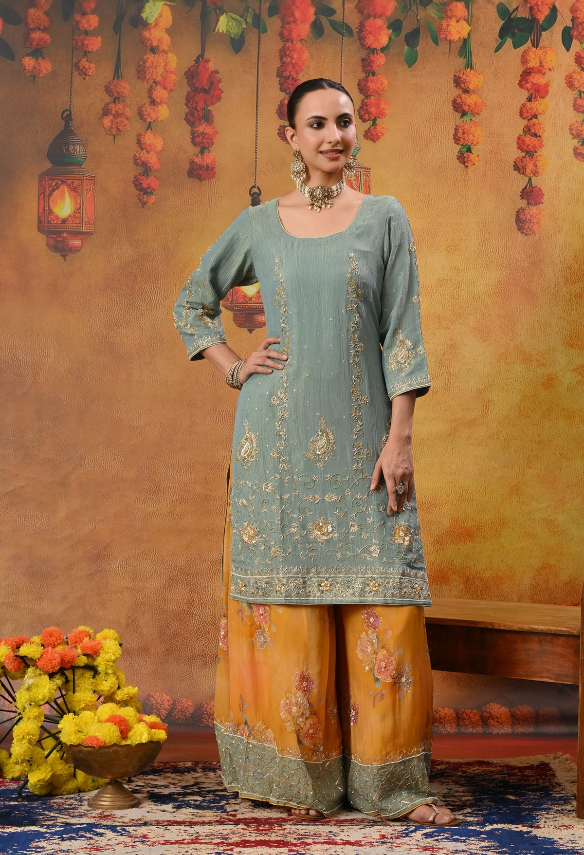 Grey and Yellow Sharara Set with Zardozi, Dabka, Sequence, and Thread Work