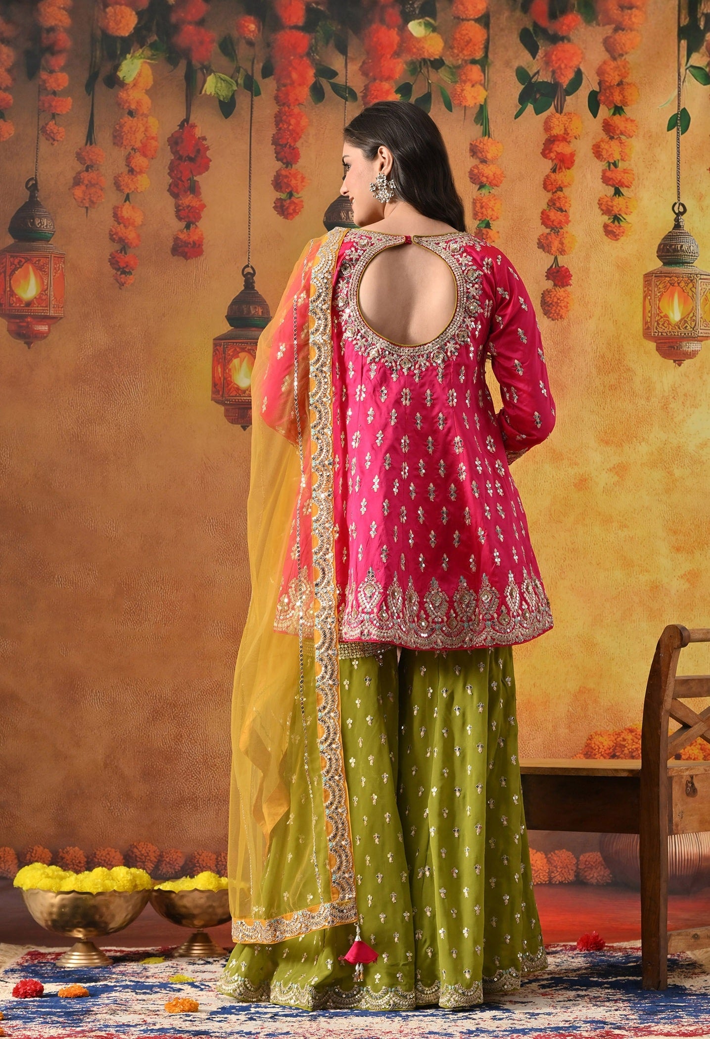 Hot Pink Gharara Set with Zardozi, Sequin & Crystal Work.