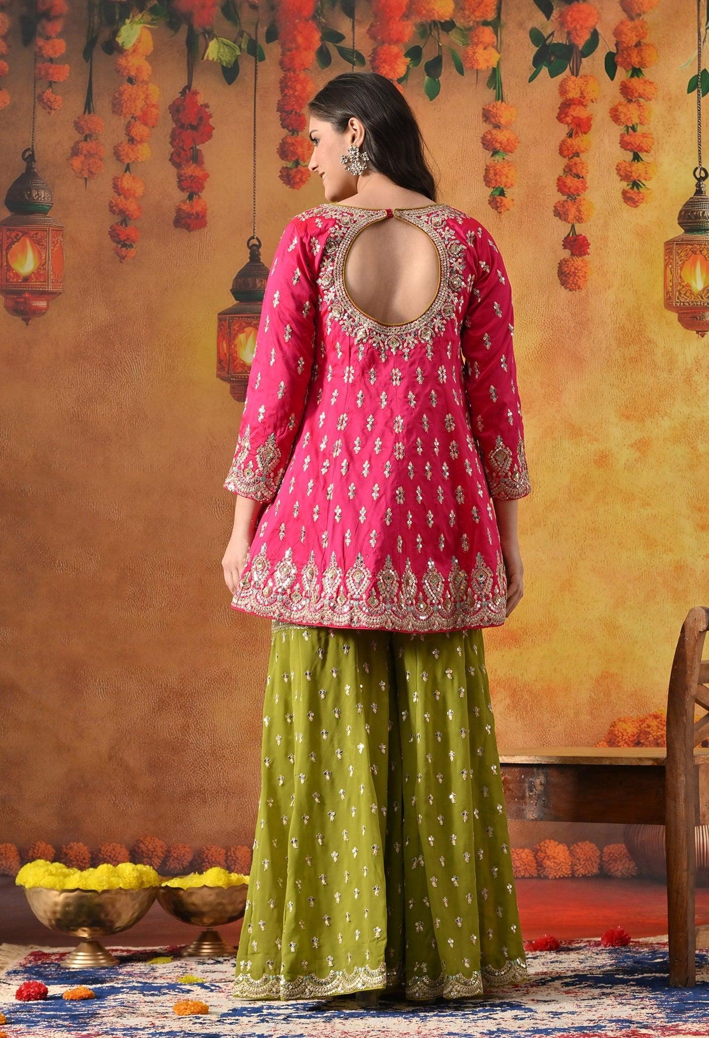 Hot Pink Gharara Set with Zardozi, Sequin & Crystal Work.